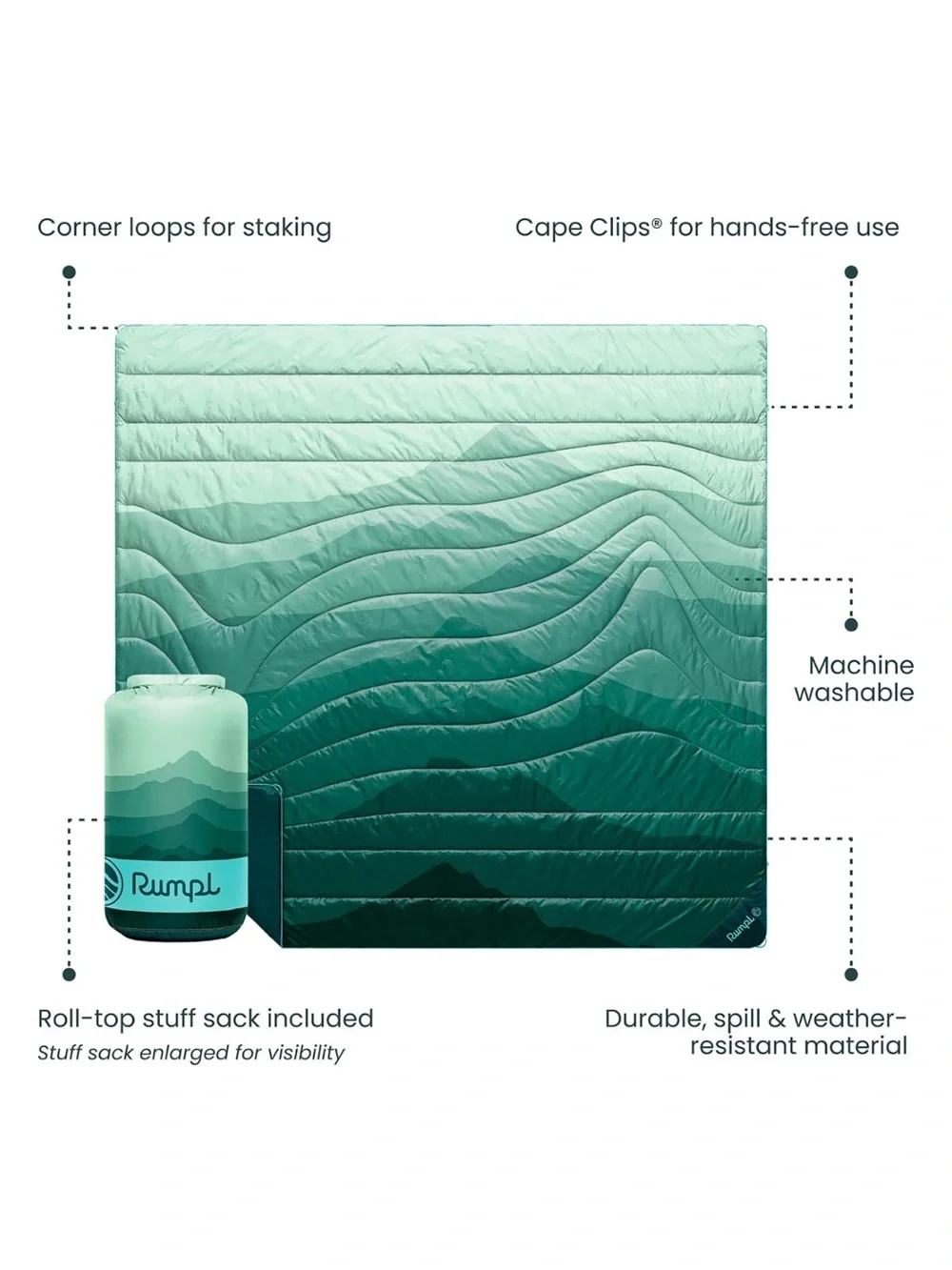 Rumpl Original Puffy 2 Person Blanket, Cascade Fade, 84“ x 80“, Camping, Vanlife